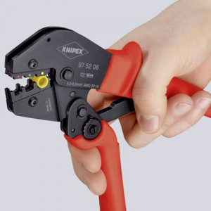 Krimpelő fogó kétkezes kezelésre is 250 mm, nem szigetelt, nyitott dugaszoló csatlakozó (2,8 + 4,8 mm), Knipex 97 52 04