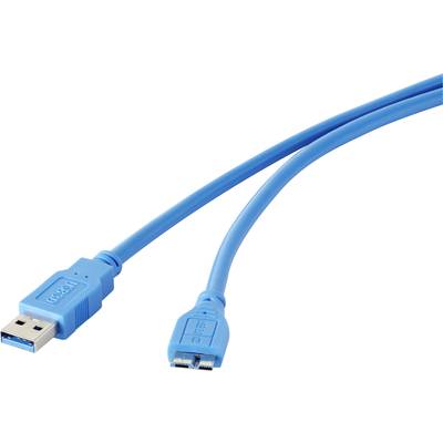 USB 3.0 csatlakozókábel, 1x USB 3.0 dugó A - 1x USB 3.0 dugó mikro B, 0,3 m, kék, aranyozott, renkforce