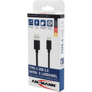 Ansmann Cell phone, Notebook Töltőkábel [1x USB 3.0 dugó, A típus - 1x USB 3.0 dugó, C típus] 2.00 m Fekete Alumínium dugó, TPE köpeny, Kétoldalt hasz
