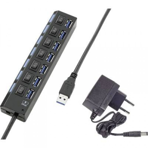 7 portos USB 3.0 hub, külön kapcsolható, státusz LED, iPad töltőcsatlakozó, fekete, Renkforce