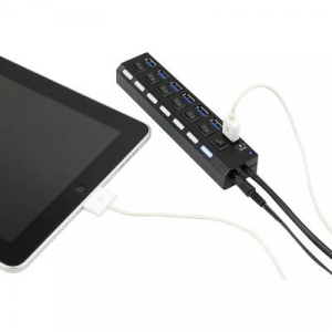 7 portos USB 3.0 hub, külön kapcsolható, státusz LED, iPad töltőcsatlakozó, fekete, Renkforce