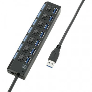 7 portos USB 3.0 hub, külön kapcsolható, státusz LED, iPad töltőcsatlakozó, fekete, Renkforce