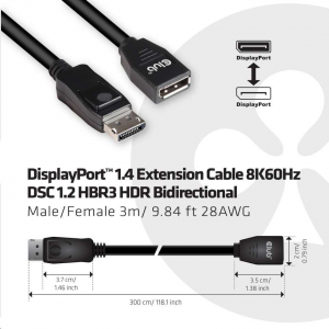 CLUB3D DisplayPort 1.4 - DisplayPort 1.4 HBR3 8K60Hz 3m extension kábel (CAC-1023)